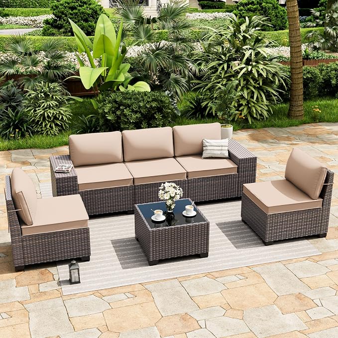 ALAULM 6 Pieces Patio Furniture Set, Oversized Seat/Armrest and High Back Wicker Sectional Furniture Set with Thick Cushion for Backyard, Garden, Sand
