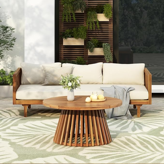 Christopher Knight Home Claremont Patio Sofa and Coffee Table Set, 2 Piece Outdoor Patio Furniture Set with Cushion, Acacia Wood 3 Seater Outdoor Sofa Daybed and Coffee Table Set, Teak+Beige