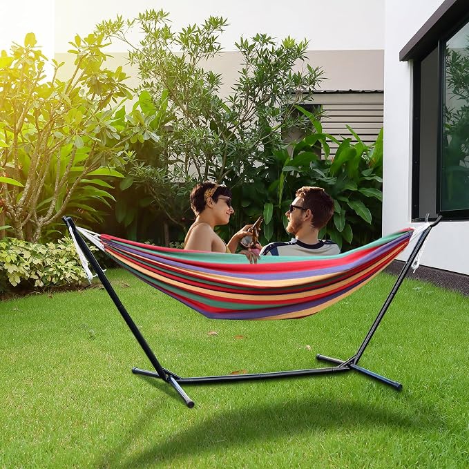 Folding Swing Hammock with Stand, Portable Outdoor Indoor Camping Hammock Chair with 450LBS Capacity, Heavy Duty Steel Frame Backyard Patio Garden Poolside Porch, Includes Carry Bag for Travel, Red