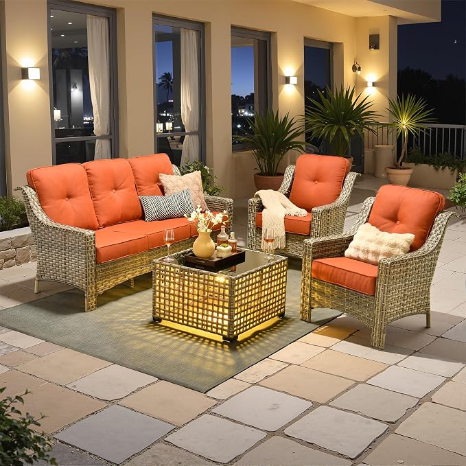 Outdoor Patio Furniture Sets, 4 PCS Patio Conversation Set Outside Rattan Sofa with Solar Light Coffee Table Comfy Cushions Fit Backyard Porch Garden Poolside Balcony,Orange Red
