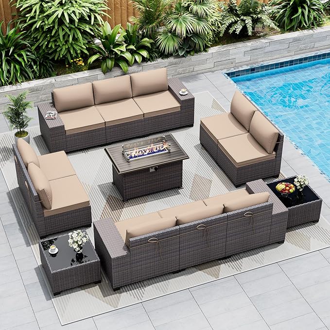 Outdoor Patio Furniture Set with Gas Fire Pit Table, 13 Pieces Outdoor Furniture Set Patio Sectional Sofa w/43in Propane Fire Pit, PE Wicker Rattan Patio Conversation Sets (Sand)