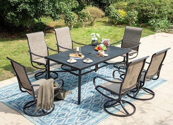 PHI VILLA 7 Piece Patio Dining Set, Outdoor Table and Chairs Furniture Dining Set with 6 Outdoor Swivel Dining Chairs and 1 Large Metal Table, Patio Set for Lawn Garden Deck, Padded Textilene