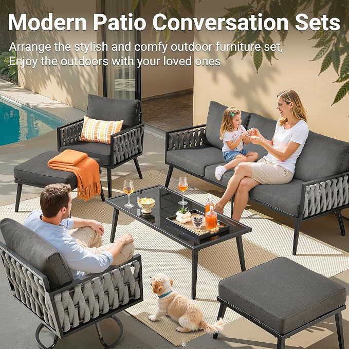 Weaxty Modern Patio Furniture Set 6 Piece, Rope Outdoor Patio Conversation Sets Sectional Sofa Swivel Chairs Table Ottoman, All Weather Metal Balcony Furniture for Backyard Garden, Black