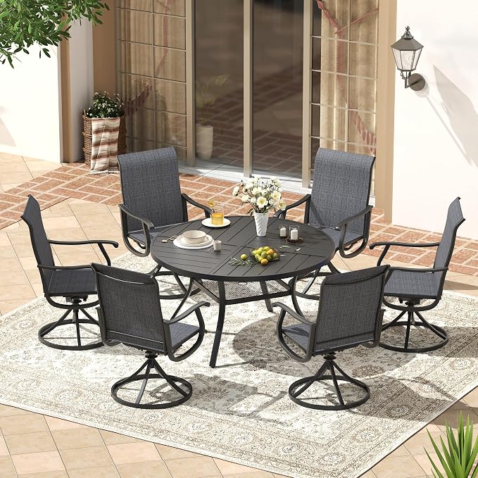 VICLLAX Patio 7 Pieces Outdoor Dining Set, 47.2" Round Metal Table with Umbrella Hole and Storage Shelf, 6 Swivel Textilene Chairs for Lawn, Garden, Porch, Black/Dark Grey