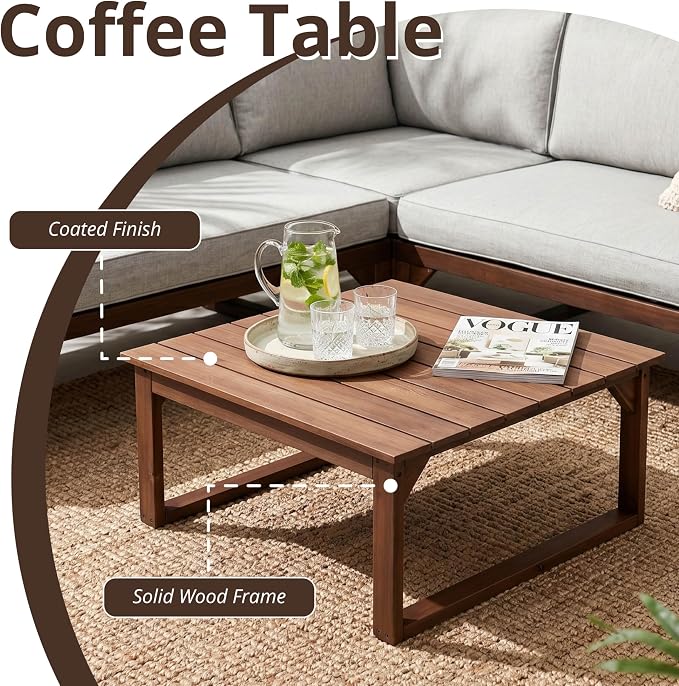 Outvita 4 Piece Wood Patio Furniture, L-Shaped Outdoor Sectional Sofa Set with Coffee Table, Conversation Set with Built-in Side Table, Coffee Table and Gray Cushions for Garden