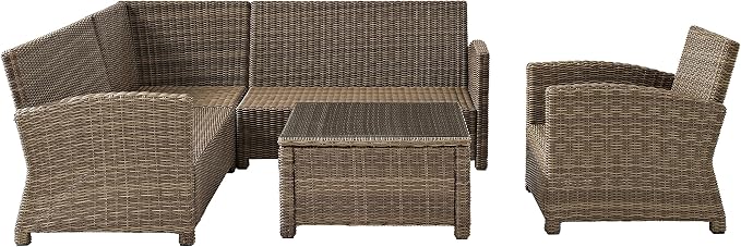 Crosley Furniture Bradenton 5-Piece Outdoor Sectional Sofa Wicker Conversation Patio Furniture Set for Deck, Brown with Sand Cushions