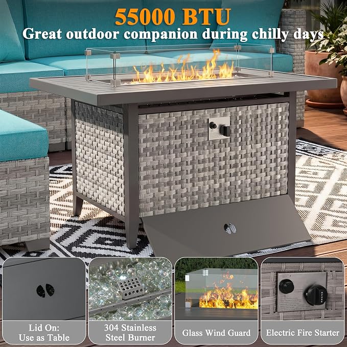7 Piece Wicker Patio Furniture Set with 55,000 BTU Fire Pit Table, Swivel Rocking Chairs, 4''Cushions, PE Rattan, Wind Guard Glass, for Backyard, Deck or Balcony, Blue