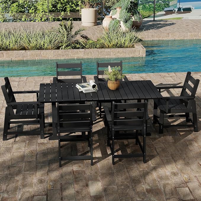 GREENVINES Outdoor-Dining-Table | 75” | HDPE | 2 Connectable Square Tables for 6 | Slatted | All-Weather | Patio Furniture | for Poolside Backyard Garden | Black