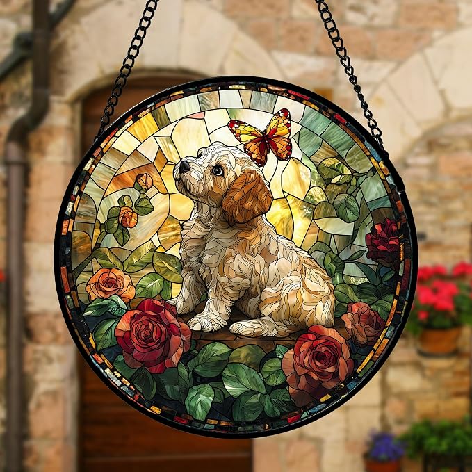 DASTOLL Stained Glass Window Hanging, Cute Dog and Flowers Suncatcher for Doors Home Butterfly Sun Catchers Decoration and Christmas, Mother's Day Birthday Gifts for Women, Men, and Mom 6.3 in