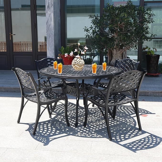 7 Pieces Cast Aluminium Patio Dining Set for 6 Person,Round 48" Patio Table and 6 Chair with 2.3" Umbrella Hole,Outdoor Patio Dining Set for Porch Backyard Deck, Black