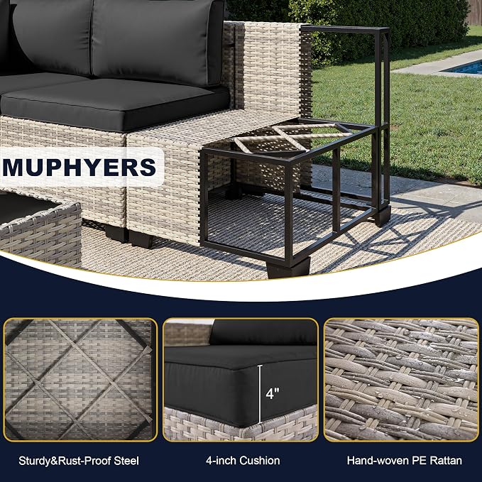 15-Piece Outdoor Patio Furniture Set with 55,000 BTU Fire Pit Table, PE Wicker Rattan Sectional Sofa Conversation Set - All-Weather Garden, Backyard Furniture, Dark Grey