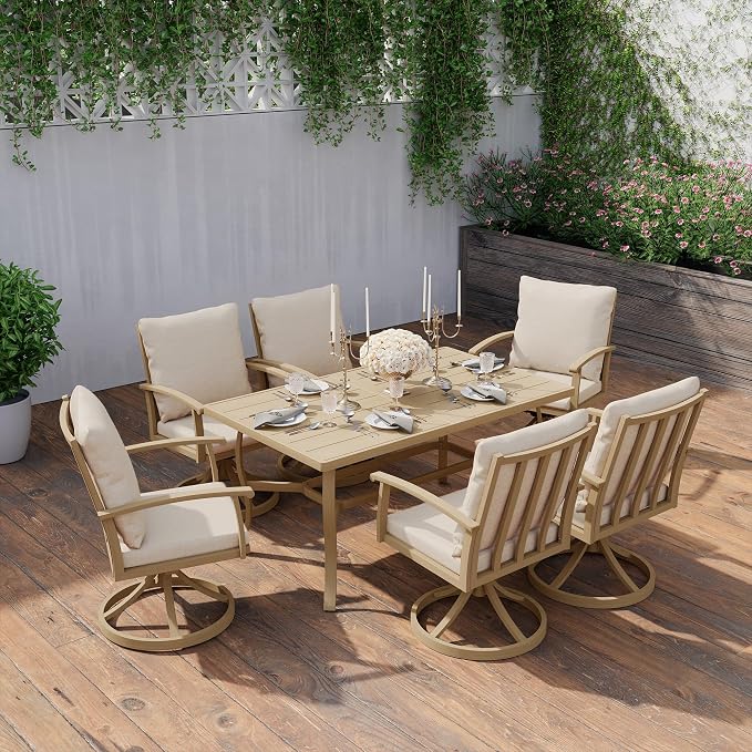 HAPPATIO 7 Piece Patio Swivel Dining Set, Aluminum Outdoor Dining Set for 6,Dining Table and Chairs Set, Patio Dining Furniture with Aluminum Table, Swivel Chairs and Washable Cushions (Beige)