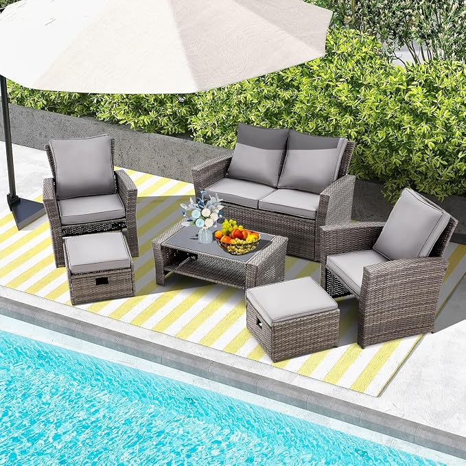 HOMREST 6 Pieces Outdoor Patio Furniture Set with Coffee Table, Patio Conversation Set with Ottoman with Storage, Outdoor Sofa for Garden, Porch, Deck, Backyard (Grey)