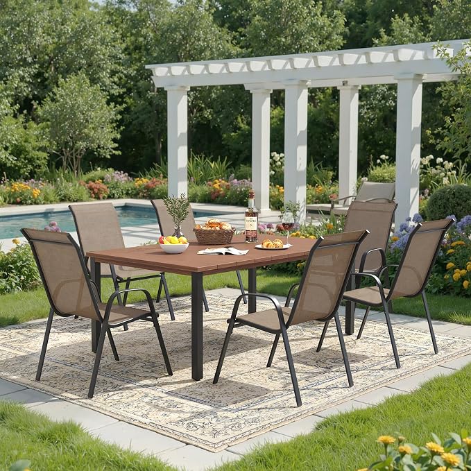 DIFY 7 Piece Outdoor Dining Set, 63" Walnut Rectangle Metal Patio Table and Brown Textilene Stackable Chairs for 6, All Weather Patio Furniture Set with Umbrella Hole for Backyard Garden Deck