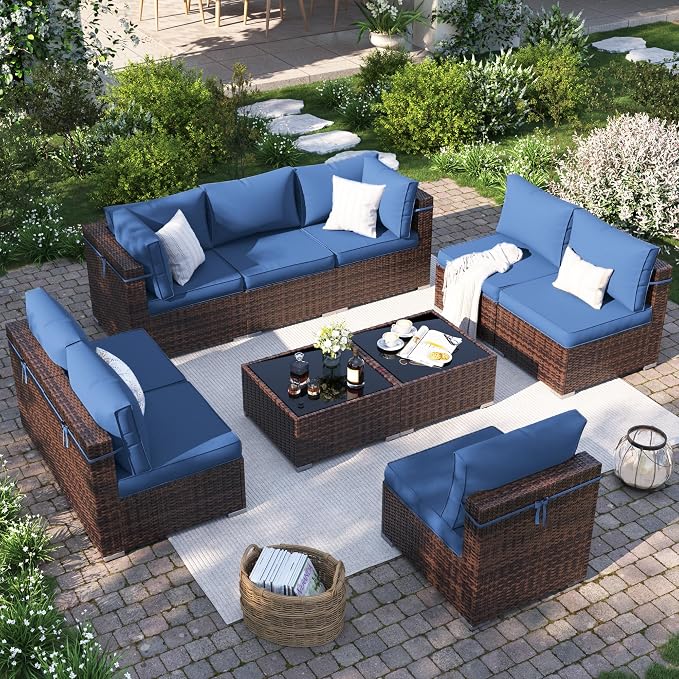 Patio Furniture Set, Modular 10-Piece Patio Conversation Sets with Coffee Table, All-Weather Wicker Outdoor Sectional for Backyard and Balcony, Navy (Waterproof Covers Included)