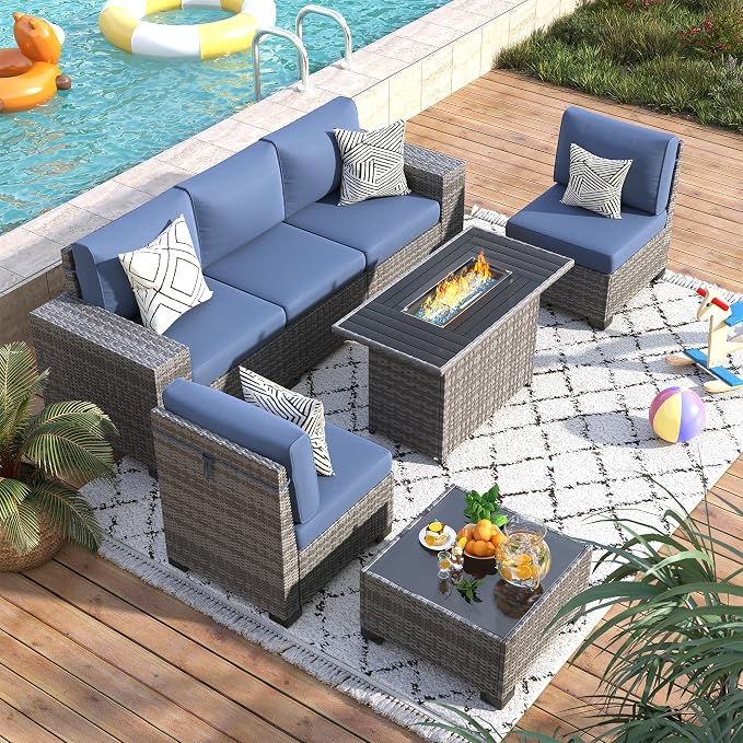 7 Piece Patio Furniture Set with Fire Pit Table, Outdoor Conversation Sets Wicker Rattan Sectional Sofa with Coffee Table for Patio Garden Backyard, 4'' Thickened Cushion Navy Blue
