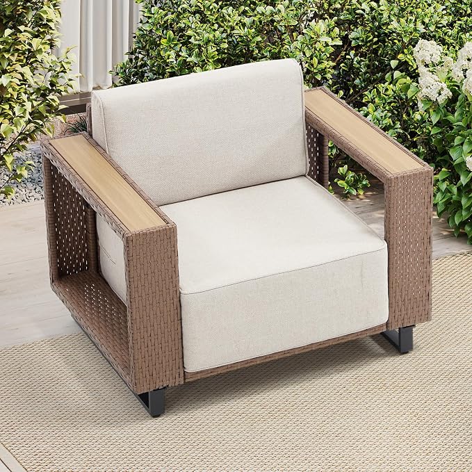 Bonzy Home Wicker Patio Chair, Rattan Outdoor Patio Chairs with Extra-Thick Soft Cushions and Widened Armrest for Porch, Garden Poolside Balcony