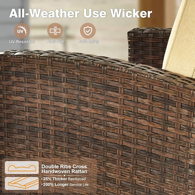ovios 7 Pieces Patio Furniture Set, Outdoor Wicker Sofa Couch with 4 Chairs Comfy Cushions, All Weather Brown Rattan Conversation Set for Backyard Deck Porch, Beige