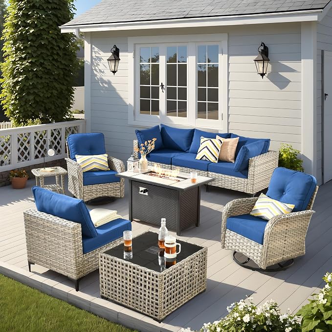 Outdoor Patio Furniture Sets,9 PCS Patio Conversation Set Outside Rattan Sectional Sofa with 42 in Fire Pit Table Wicker Rocking Chair Coffee Table Fit Backyard Porch Garden Poolside Balcony