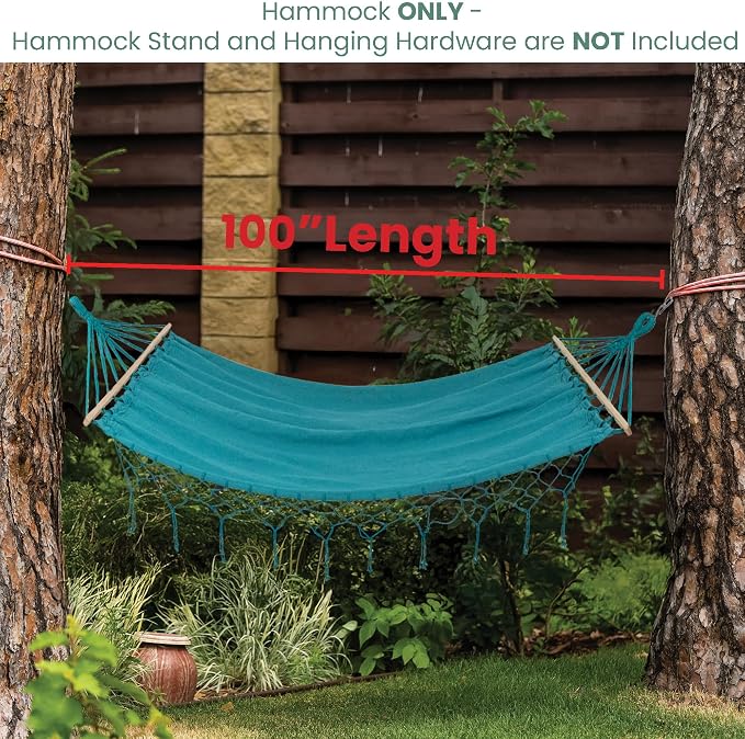 Hammock with Netted Fringe and Wooden Bars - 100" x 41" - Teal Green
