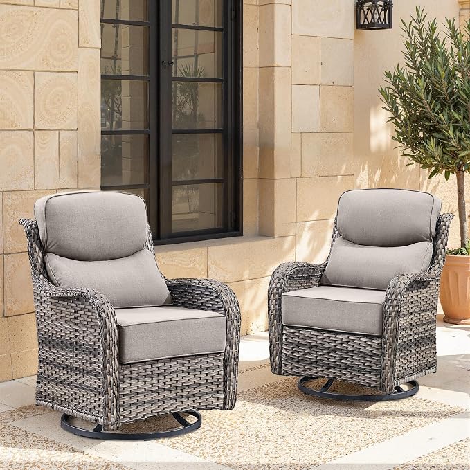 Swivel Patio Chairs Set of 2 with 6" Thick Cushion - Wicker Outdoor Swivel Rocker Patio Sets, High Back Comfortable Outdoor Glider Chairs 360° Rotation Glider Gray Wicker - Gray Cushion