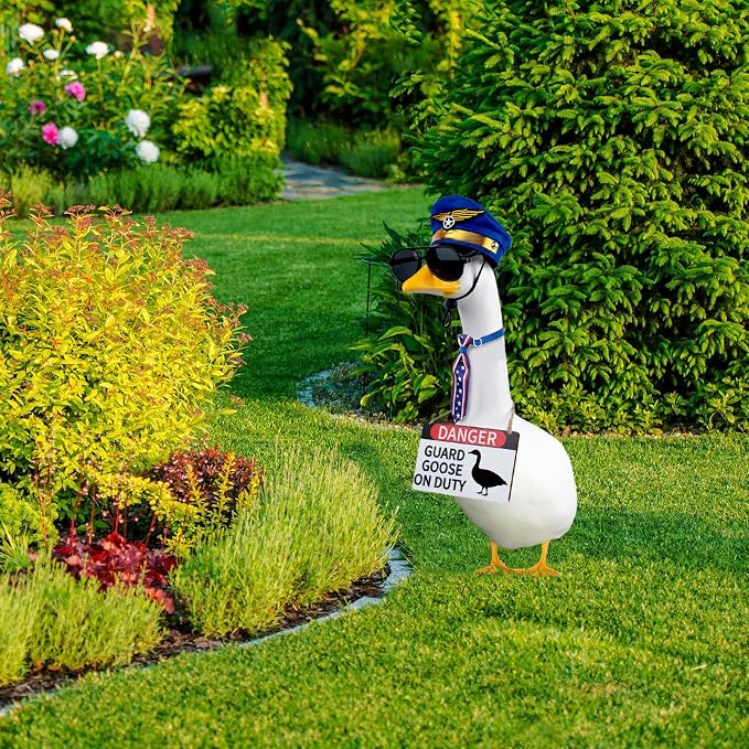 CAMDUCK 4 Pcs Porch Goose Accessories Porch Goose Sign Air Force Hat Eyeglasses Necktie Wooden Danger Guard Goose on Duty Warning Sign Goose Outfits Decor for Yard Porch Lawn