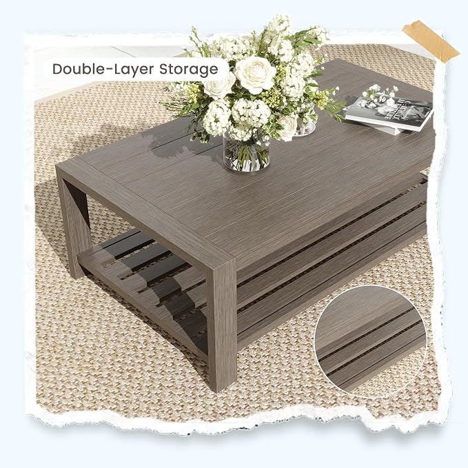 UDPATIO Aluminum Patio Furniture Set, Faux Wood Grain Modern Outdoor Furniture, 6" Cushions Metal Patio Conversation Sofa with Coffee Table for Poolside Deck, 5 PCS, Beige(Include 600D Covers)