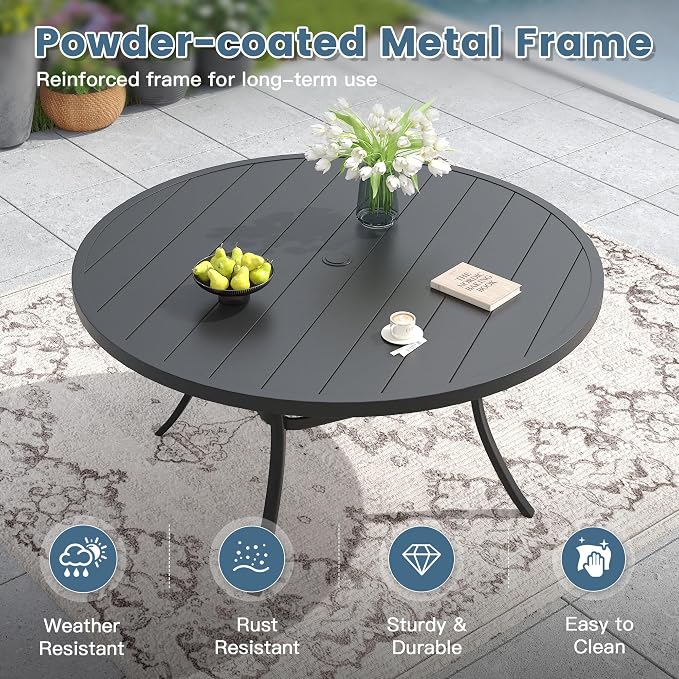 DIFY 9 Pieces Outdoor Dining Set for 8, 60" Round Dining Table with Umbrella Hole & Wicker Swivel Patio Chairs with Cushions, Metal Patio Table and Chairs Set for Backyard Porch Garden, Black