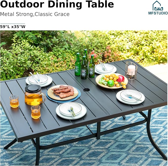 MFSTUDIO Outdoor Patio Dining Set for 6, Outdoor Table and Chairs for 6, Rectangular Metal Table with 2 Swivel Chairs & 4 Leg Chairs, 7 Pieces Patio Dining Furniture Set, 1.57-1.9'' Umbrella Hole