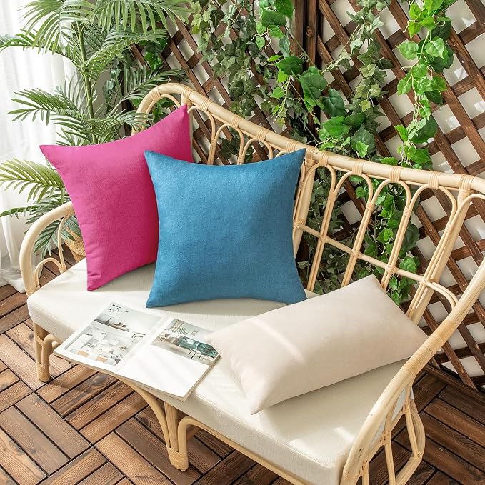 Outdoor Waterproof Throw Pillow Covers Hot Pink 20x20 Set of 2 | Decorative Farmhouse Linen Pillowcases Solid Cushion Cases for Patio Tent Balcony Couch Sofa Living Room