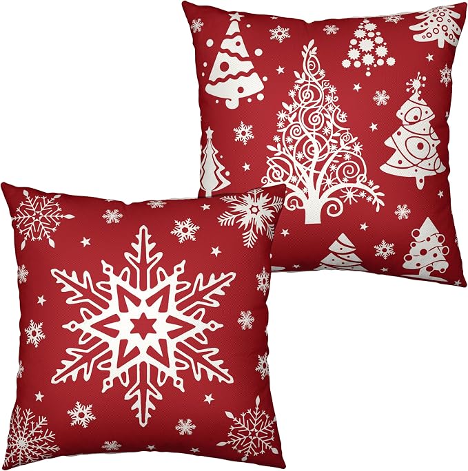 Christmas Pillow Covers 20x20 White Xmas Tree with Snowflakes Decorative Pillow Covers Set of 2 Red Winter Holiday Pillow Case for Home Decorations Couch Outdoor