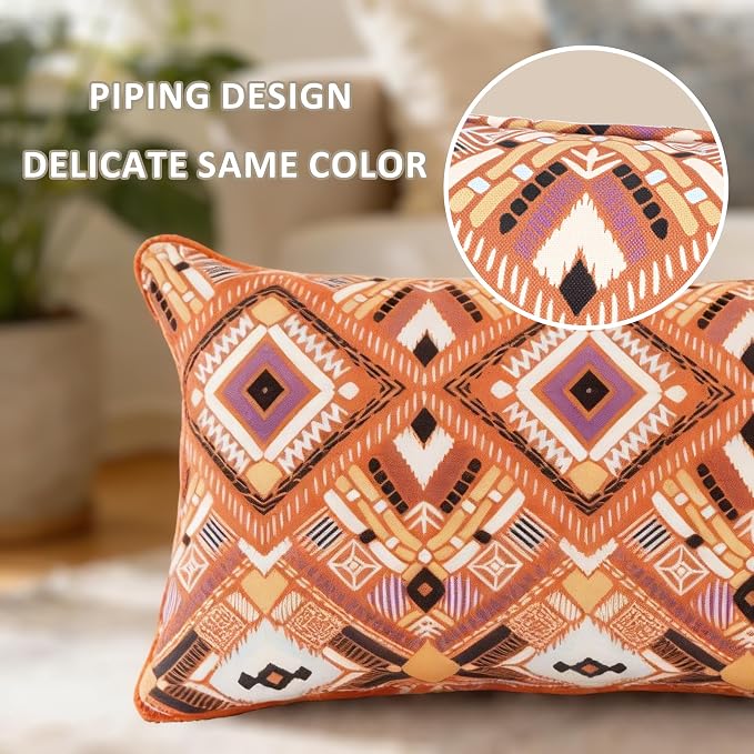 outdoor lumbar pillows 12x20 throw pillow set of 4 Fade Resistant & Water Resistant decorative lumbar pillows for Patio,Garden,Couch,Furniture,Sofa,Bed,Living Room,Desert Terracotta Geometry