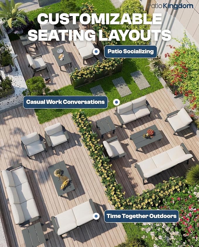 HDPE 7 Piece Patio Furniture Set, HDPE Outdoor Sectional with with Beige Thick Cushions, Coffee Table and Side Table, Patio Conversation Sets for Lawn, Garden, Porch (Grey Frame)