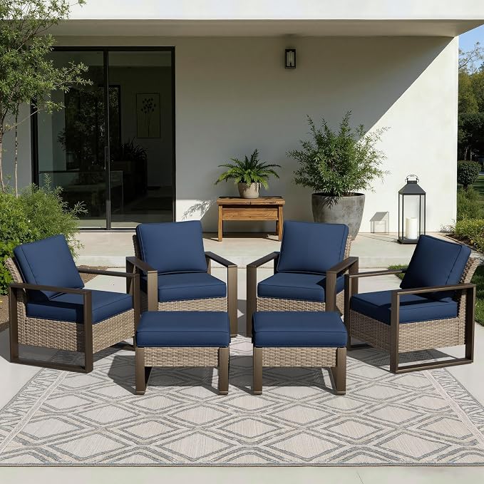 Joyside Outdoor Patio Chairs, 6 Pieces Wicker Rattan Furniture Set, 4 Patio Chairs and 2 Ottoman, Metal Wide Armrest, Thick Cushions and Deep Seating for Garden, Backyard, Porch, Deck