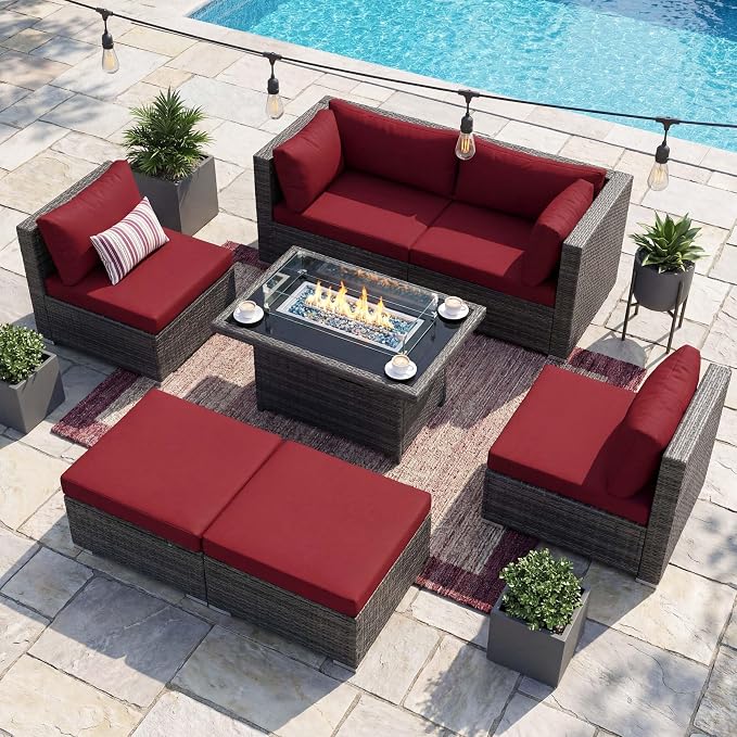 NICESOUL 7 Piece Oversized Patio Furniture Sofa Set with Fire Pit Table Propane Natural Gas Convertible, 29.3'' High Back Sturdy Outdoor Conversation for Heavy People, 2 Color Cushion Wine & Gray