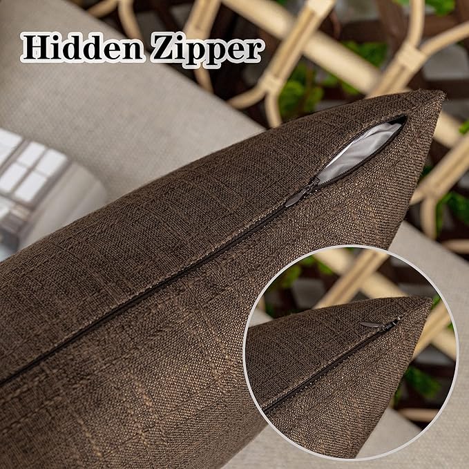 Kevin Textile Outdoor Waterproof 12”x24” Lumbar Pillow Covers 2 Pack, Brown | Water Resistant, Soft Faux Linen-cotton Yarn-dyed Woven Texture Throw Pillow Covers for Tent Patio Garden Couch Sofa