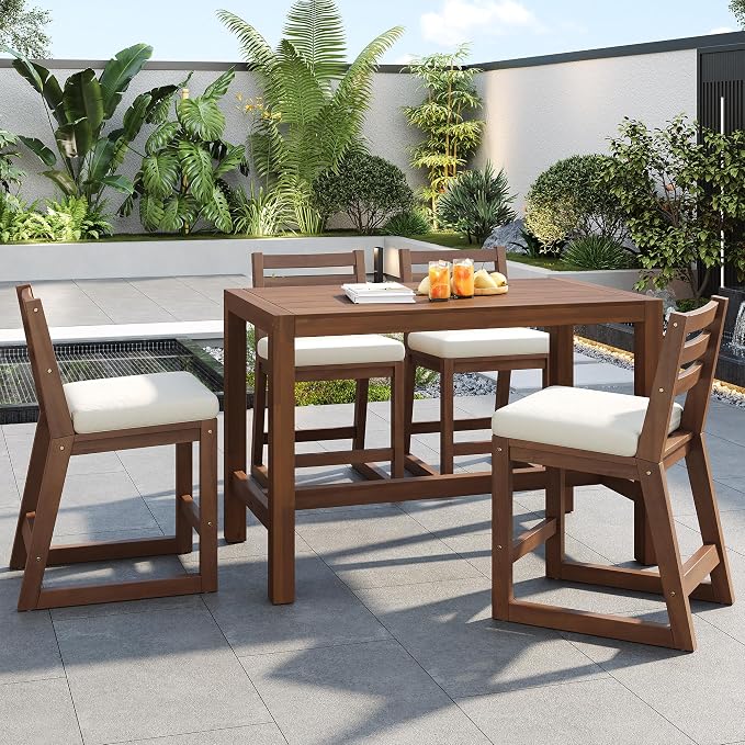 5-Piece Rustic Patio Bar Set, Acacia Wood Bar Table & Chairs with Slatted Tabletop for Backyard, Balcony, Poolside (Mocha11)