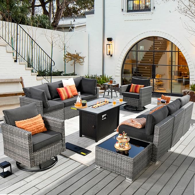 CAODOC 11 Piece Outdoor Patio Furniture Set with 42" Fire Pit Table, Wicker Sectional Conversation Set Whit Swivel Chairs,Modern Outside Sofa for Balcony Backyard(Black)