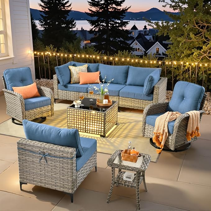 8 Pieces Wicker Patio Furniture Set,Outdoor Sectional Sofa with Swivel Chairs Coffee Table,Outside Deep Seat Rattan Couch Conversation Set,Denim Blue