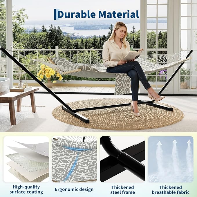 2 Person Outdoor Hammock with Stand, 450 LBS Heavy Duty Anti-Tipping Frame with Balance Rope, Rainproof & Quick Dry for Patio, Backyard, Balcony & Outdoor Garden Use, Light Gray Texture