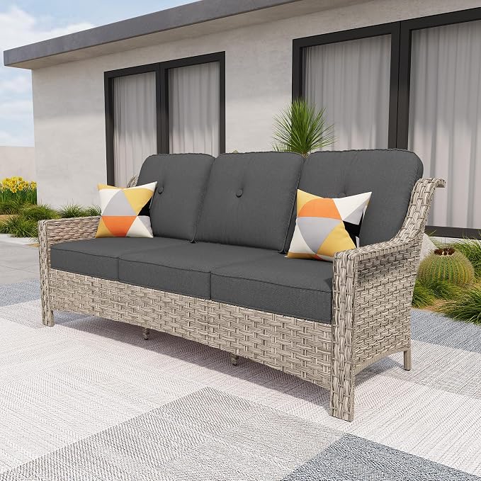 HOOOWOOO Patio Couch,Outdoor Wicker 3 Seater Sofa,All Weather Resistant High Back Rattan Deck Matching Furniture(Black)