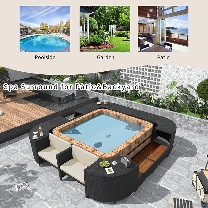LUMISOL Patio Furniture Set, Spa Surround Outdoor Rattan Sofa Set with Wooden Seats and Storage Spaces, Quadrilateral Patio Sofa Set with Spa Surround Tub Frame for Patio, Backyard, Beige