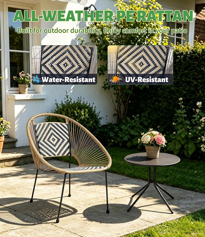 3-Piece Outdoor Patio Bistro Set, Wicker Chairs with Cushions, PE Rattan All-Weather Conversation Set with Coffee Table for Balcony, Porch, Backyard, Poolside, Garden, Deck, Black
