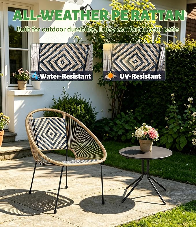 2-Piece Outdoor Patio Bistro Set, Wicker Chair with Cushion, PE Rattan All-Weather Conversation Set with Coffee Table for Balcony, Porch, Apartment, Poolside, Garden, Small Spaces, Black