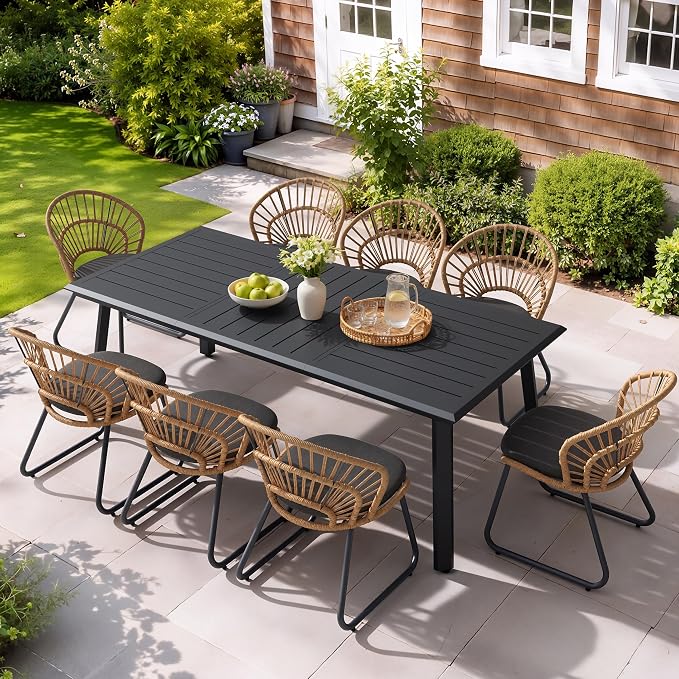 9 Piece Aluminum Outdoor Dining Set with Rattan Patio Chairs | 83" Large Rectangle Dining Table with Umbrella Hole, 8 Shell Shaped Side Chairs with Black Cushions for Backyard Garden Deck