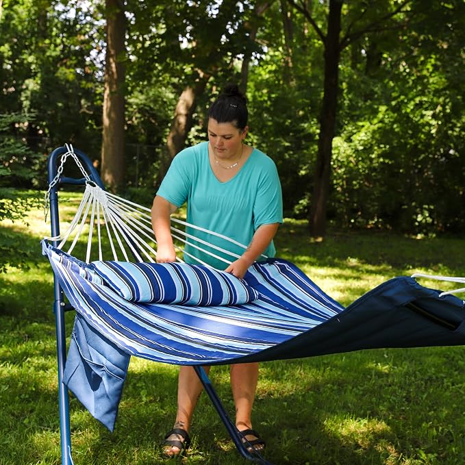 Sunnydaze Quilted Fabric Double Outdoor Hammock - 2-Person Hammock with Metal Curved Spreader Bars - Catalina Beach