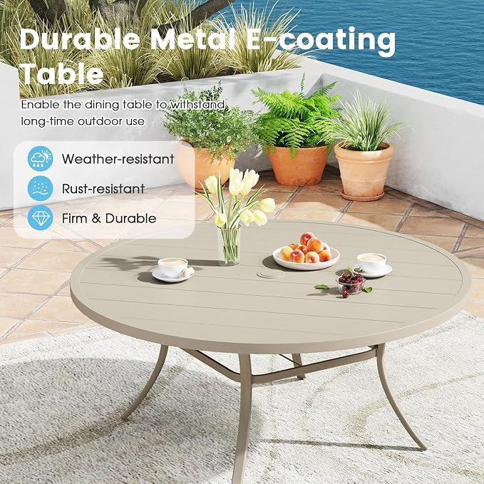 9 Pieces Patio Furniture Dining Set, 8 Textilene Swivel Dining Chairs, 60" Outdoor Round Metal Table with 1.57" Umbrella Hole, Outdoor Dining Set for Porch, Lawn, Garden, Sand/Sand