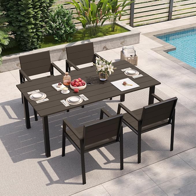 Outdoor Table and Chairs for 4 Aluminum Patio Dining Set with Umbrella Hole | All Weather,HDPS Material,Oversized,5 Piece,for Backyard,Rot-Fade-Crack Proof,Maintenance-Free,Sturdy,Heavy-Duty,Chocolate