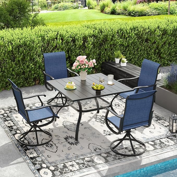 DIFY Patio Table and Chairs Set for 4, 5 Piece Outdoor Dining Set, 37.8" Black Square Metal Dining Table with Umbrella Hole and 4 Blue Textilene Swivel Patio Chairs, for Garden Backyard Deck