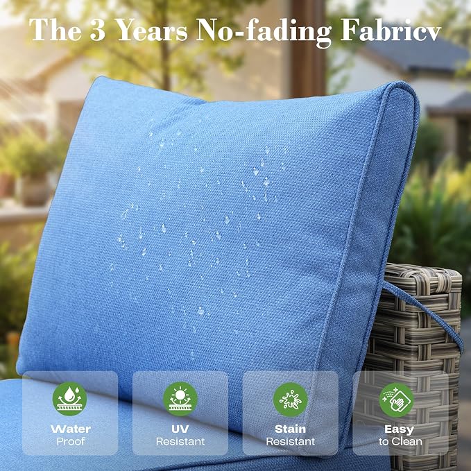9 Pcs Patio Furniture with Fire Pit Table, Outdoor Rattan Wicker Conversation Set with Glowing Coffee Table, Comfy Sectional Sofa for Porch Balcony Backyard Pool, Light Blue